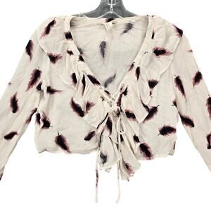 Forever 21 White Crop Top Ruffled V-Neck Long Sleeves Shirt Lightweight Womens S